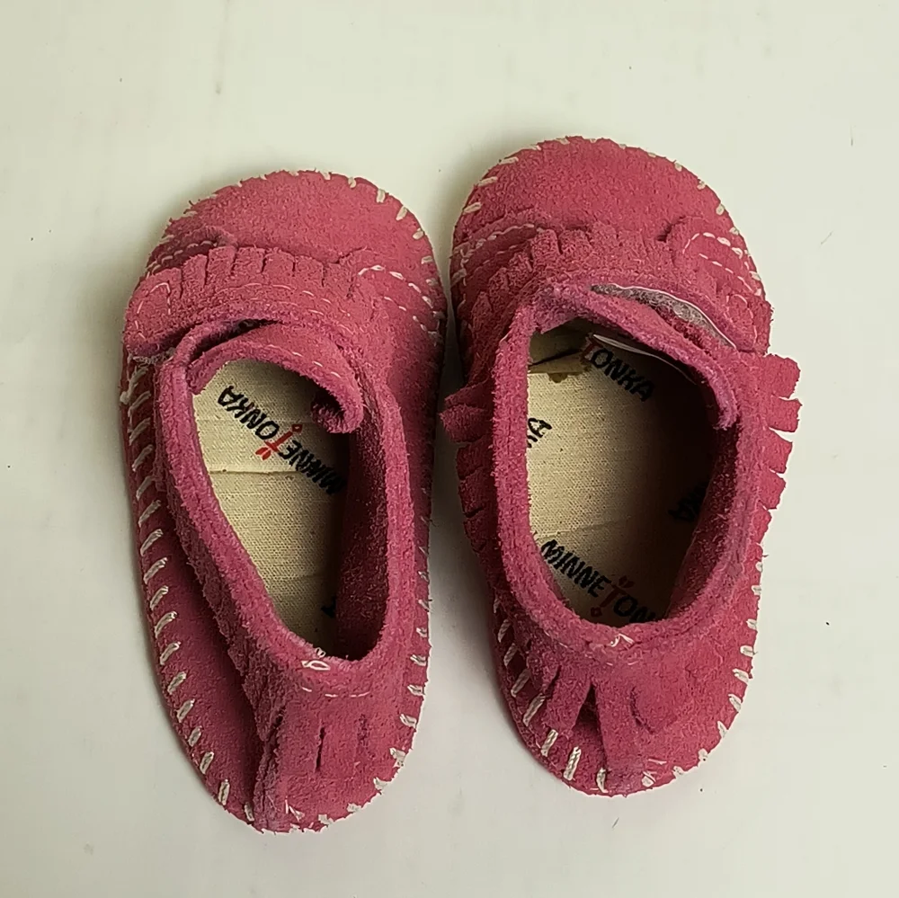 Minnetonka Pink Moccasins with Fringe and Contrast Stitching Baby Size 2